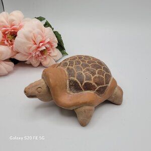Handmade Clay Turtle Figurine Folk Art Pottery 4 x 3.5 Inch